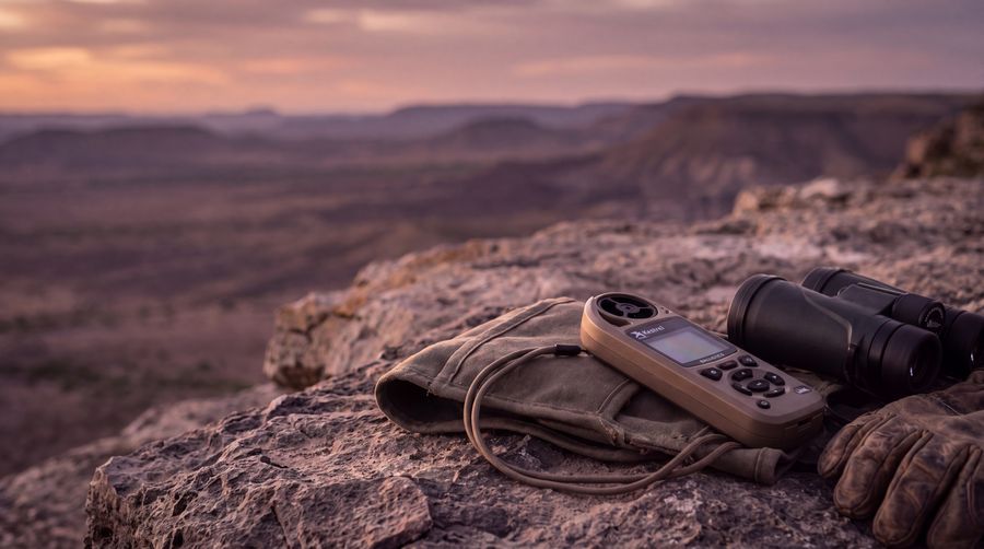 A Kestrel and binoculars on a rock above a valley at dusk
