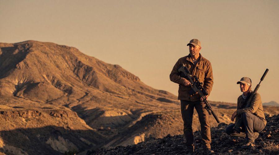 Two shooters on a ridge at golden hour