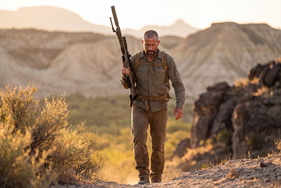 A shooter walking out along a trail