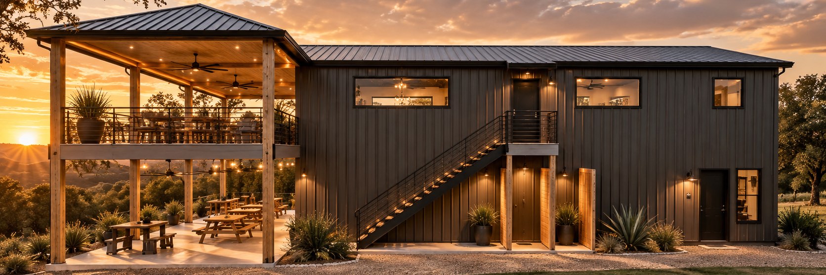 A rendering of the Lodge at sunset: the covered balcony and outside stair beside the two-story Lodge