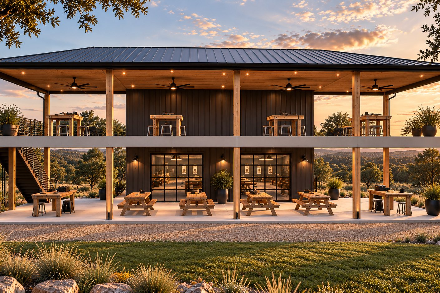 A rendering of the Lodge from the range side: the covered range below and the balcony above