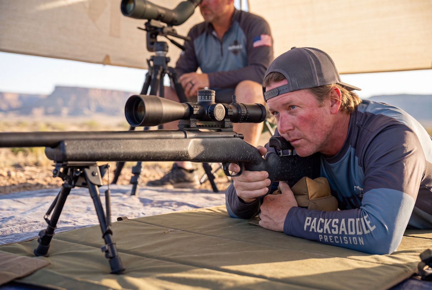 A shooter prone on a mat with a spotter behind