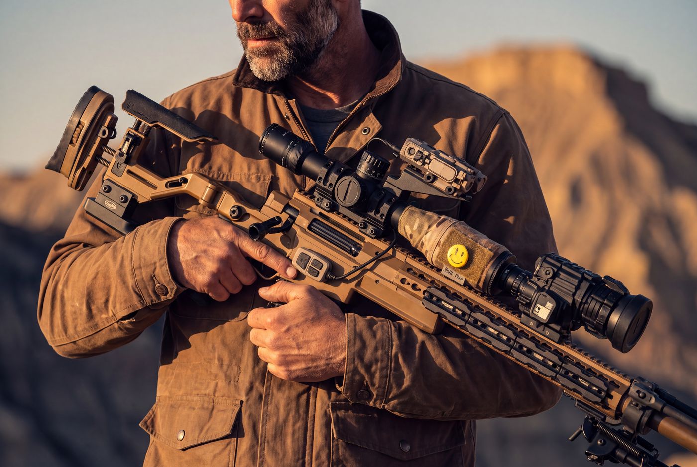 A shooter carrying his rifle across the mountain
