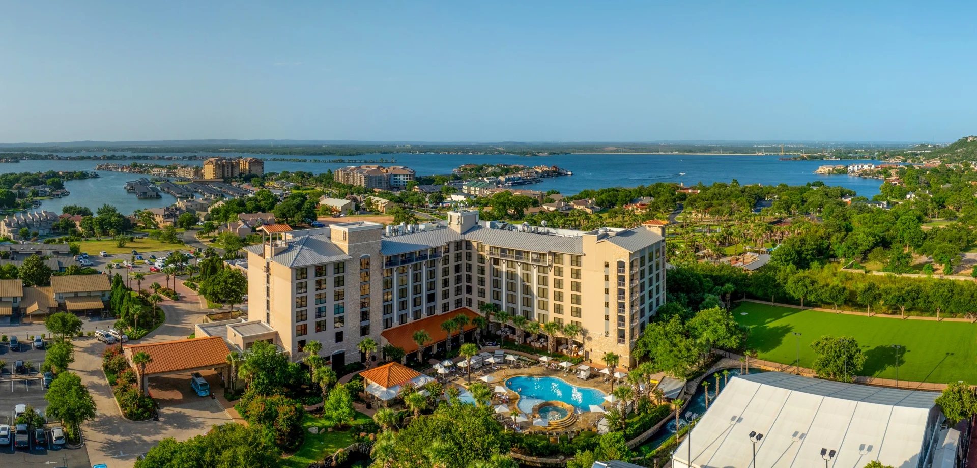 The hotel at Horseshoe Bay Resort, with Lake LBJ behind it