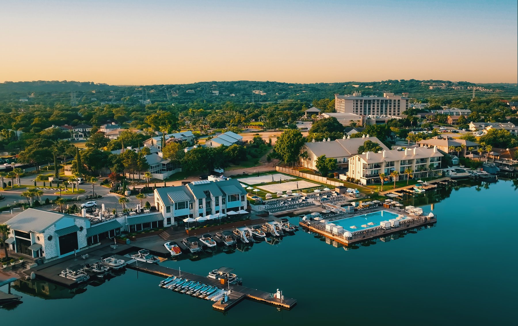 Horseshoe Bay Resort and its marina on Lake LBJ at sunset