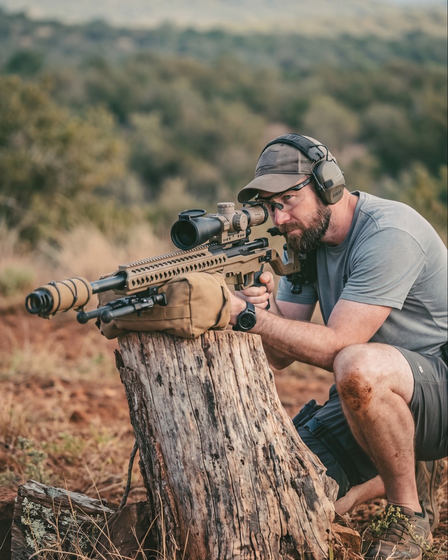 A shooter in a supported position, rifle rested on a stump